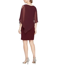 Ignite Evenings Petite Size Beaded Chiffon Round Neck Elbow Sleeve Capelet Sleeve Popover Dress