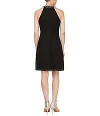 Ignite Evenings Petite Size Beaded Halter Neck Sleeveless Cascade Front Ruffle Chiffon Dress