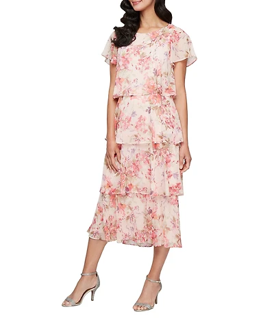 Ignite Evenings Petite Size Boat Neck Short Sleeve Tiered Floral Midi Dress