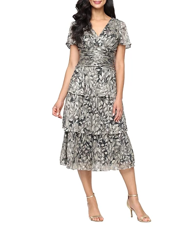 Ignite Evenings Petite Size Bodre Flutter Sleeve Metallic Print Tiered Midi Dress