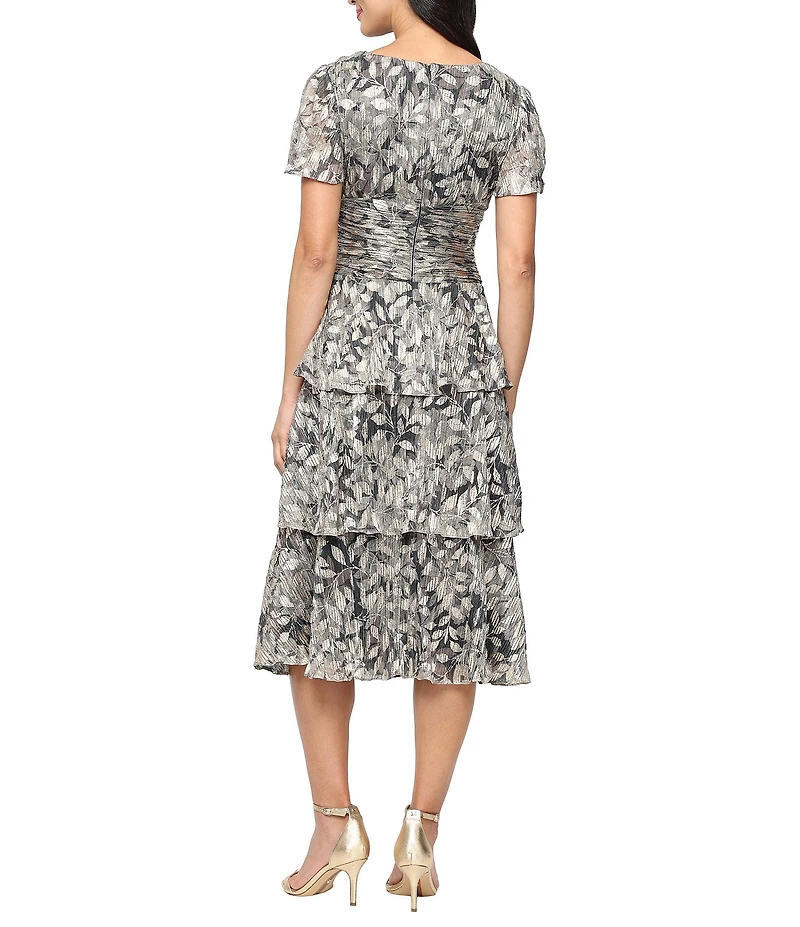 Ignite Evenings Petite Size Bodre Flutter Sleeve Metallic Print Tiered Midi Dress