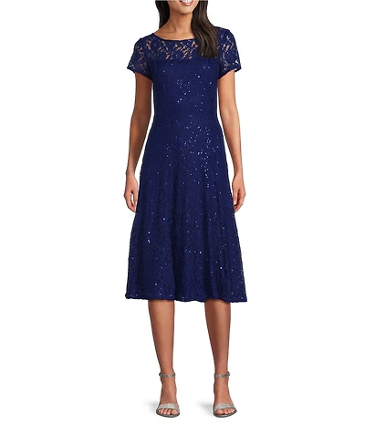 Ignite Evenings Petite Size Cap Sleeve Scoop Neck Sequin Lace A-Line Midi Dress