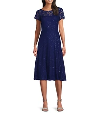 Ignite Evenings Petite Size Cap Sleeve Scoop Neck Sequin Lace A-Line Midi Dress