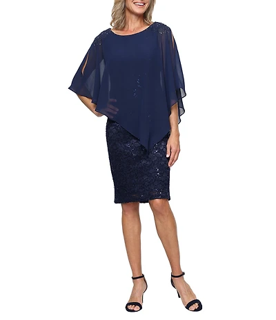 Ignite Evenings Petite Size Embellished Lace Sheath Caplet Short Dress
