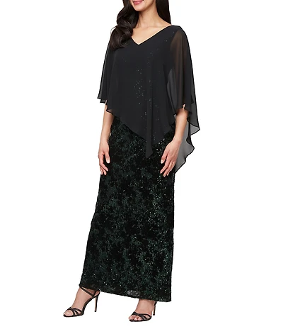 Ignite Evenings Petite Size Flocked Sequin Chiffon Over Lay Column Dress