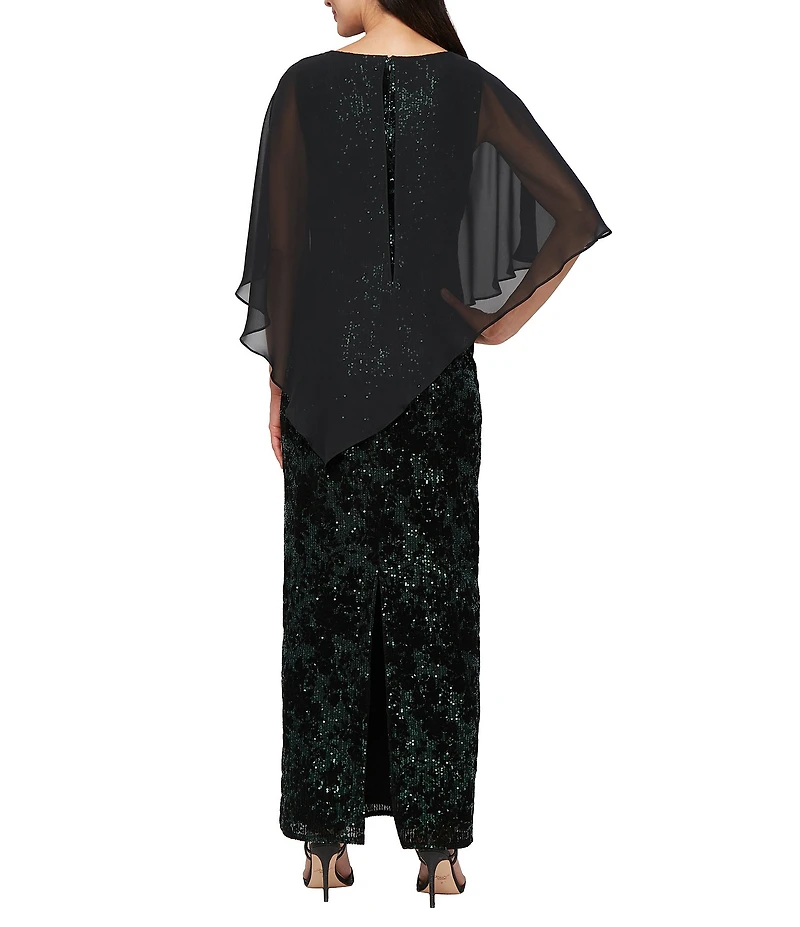 Ignite Evenings Petite Size Flocked Sequin Chiffon Over Lay Column Dress