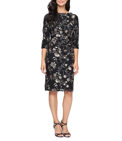 Ignite Evenings Petite Size Floral Embroidered Sequin Scoop Neck 3/4 Sleeve Ruched Waist Sheath Dress
