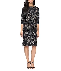 Ignite Evenings Petite Size Floral Embroidered Sequin Scoop Neck 3/4 Sleeve Ruched Waist Sheath Dress