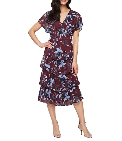Ignite Evenings Petite Size Floral Print Chiffon Tea Length Flutter Sleeve Tiered Dress
