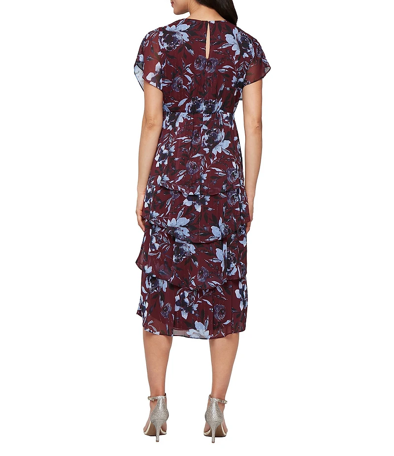 Ignite Evenings Petite Size Floral Print Chiffon Tea Length Flutter Sleeve Tiered Dress