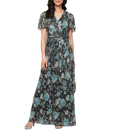 Ignite Evenings Petite Size Floral Print Flutter Sleeve Dress