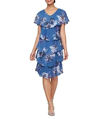 Ignite Evenings Petite Size Floral Printed Chiffon Embellished V-Neck Tiered Shift Dress