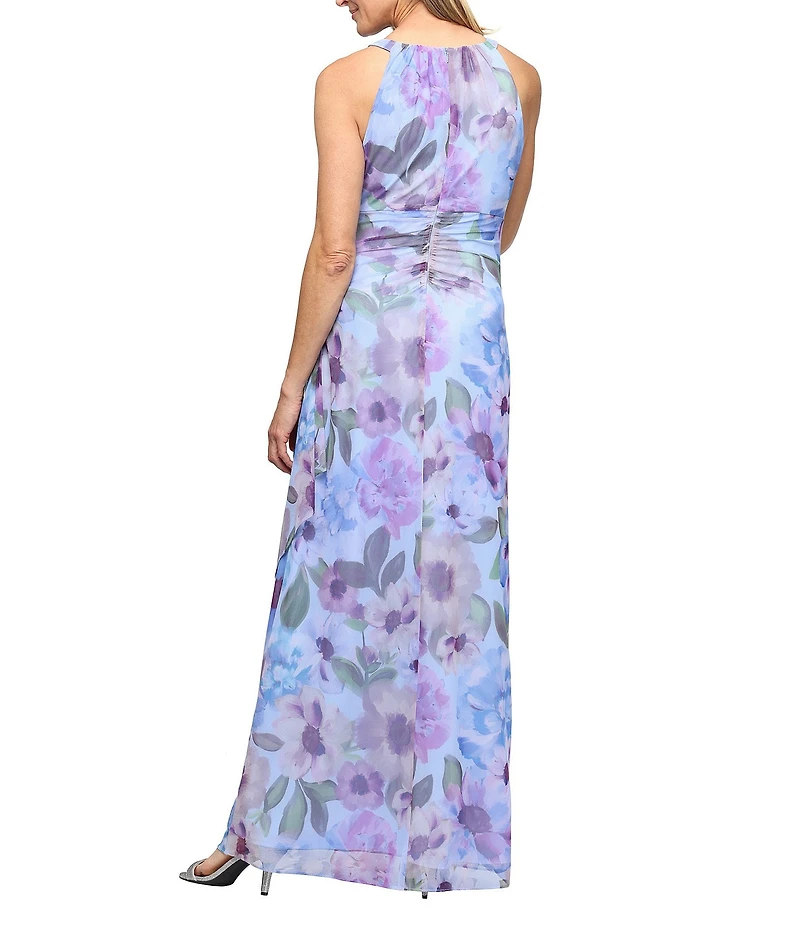Ignite Evenings Petite Size Floral Printed Mesh Halter Keyhole Neckline Sleeveless Sheath Dress
