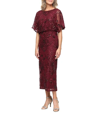 Ignite Evenings Petite Size Floral Sequin Mesh Scoop Neck Short Flutter Sleeve Blouson Midi Dress