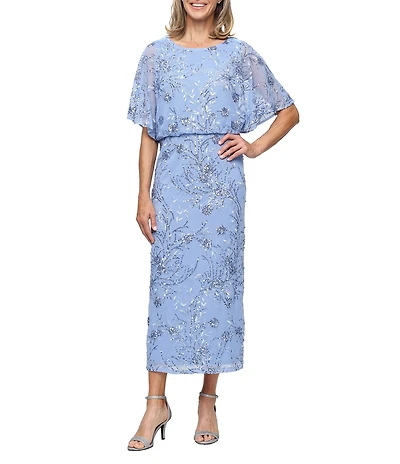 Ignite Evenings Petite Size Floral Sequin Mesh Scoop Neck Short Flutter Sleeve Blouson Midi Dress
