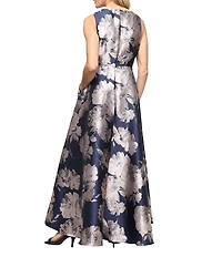 Ignite Evenings Petite Size Floral Sleeveless V-Neck Printed Jacquard Gown