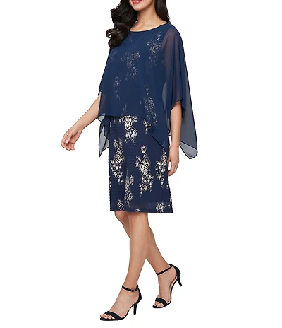 Ignite Evenings Petite Size Foil Print Chiffon Overlay Sheath Dress
