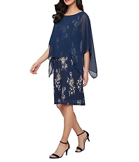 Ignite Evenings Petite Size Foil Print Chiffon Overlay Sheath Dress
