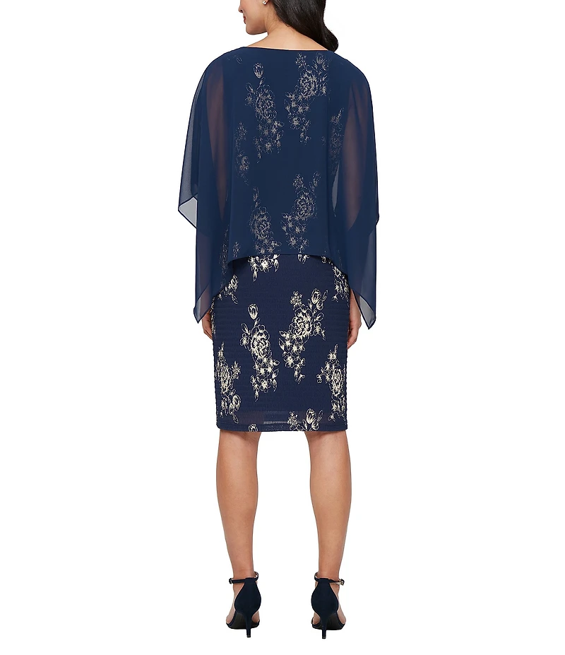 Ignite Evenings Petite Size Foil Print Chiffon Overlay Sheath Dress