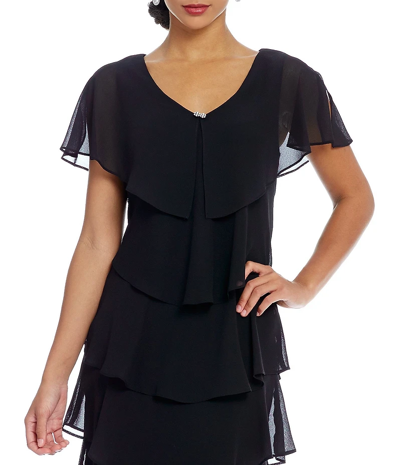 Ignite Evenings Petite Size Georgette V-Neck Short Sleeve Tiered Capelet Shift Dress at Hamilton Place in Chattanooga, TN