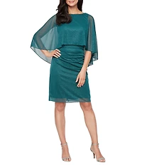 Ignite Evenings Petite Size Glitter Mesh Capelet Overlay Ruched Waist Sheath Dress