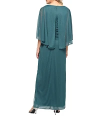 Ignite Evenings Petite Size Glitter Mesh Crew Neck Cold Shoulder Capelet Sheath Dress