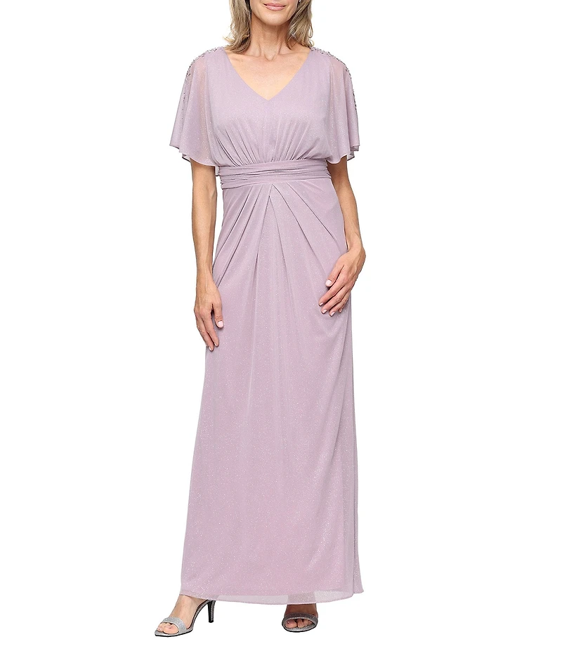 Ignite Evenings Petite Size Glitter Mesh Ruched Waist Flutter Sleeve Long Dress