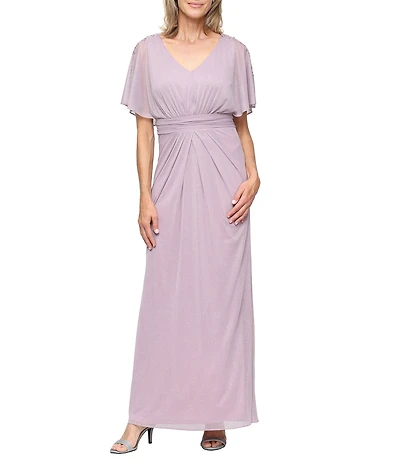 Ignite Evenings Petite Size Glitter Mesh Ruched Waist Flutter Sleeve Long Dress