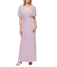 Ignite Evenings Petite Size Glitter Mesh Ruched Waist Flutter Sleeve Long Dress