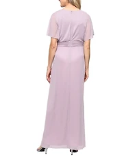 Ignite Evenings Petite Size Glitter Mesh Ruched Waist Flutter Sleeve Long Dress