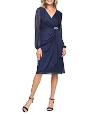 Ignite Evenings Petite Size Glitter Mesh V-Neck Long Illusion Sleeve Embellished A-Line Dress