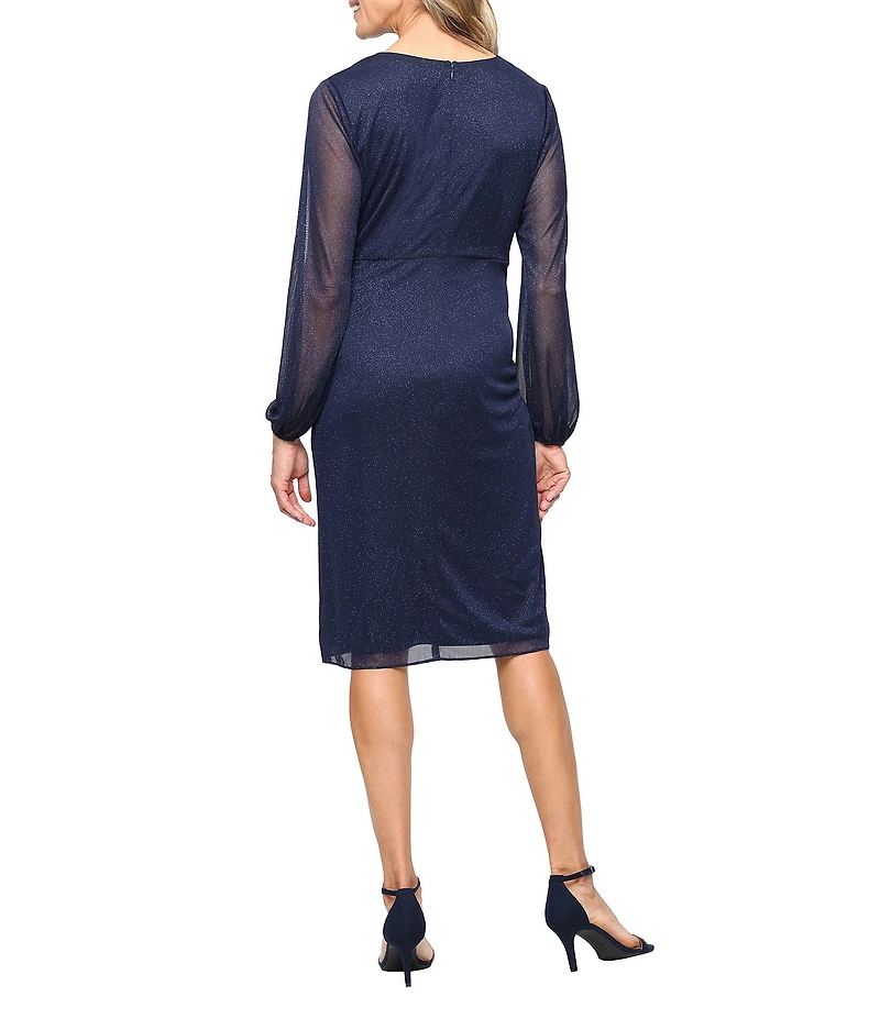 Ignite Evenings Petite Size Glitter Mesh V-Neck Long Illusion Sleeve Embellished A-Line Dress