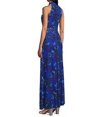 Ignite Evenings Petite Size Halter Neck Printed Mesh Long Dress
