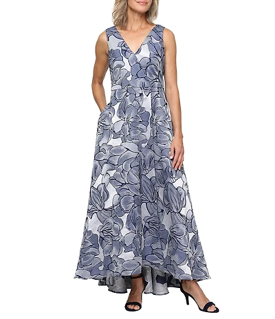 Ignite Evenings Petite Size High-Low Hem Sleeveless Jacquard Long Dress