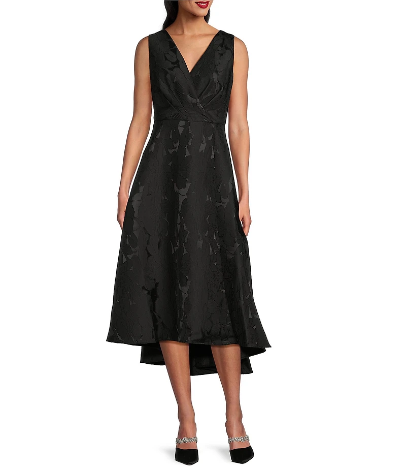 Ignite Evenings Petite Size Jacquard Surplice Neck Sleeveless Hi-Low Midi Dress