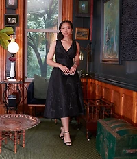 Ignite Evenings Petite Size Jacquard Surplice Neck Sleeveless Hi-Low Midi Dress