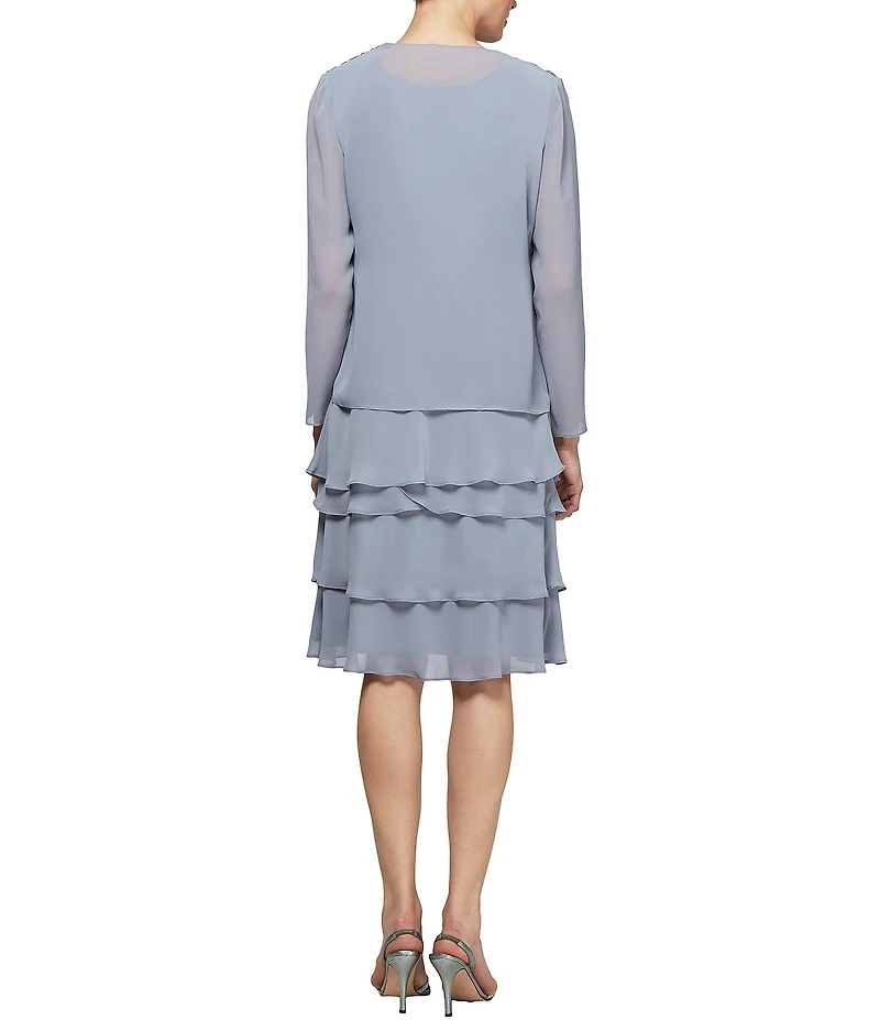 Ignite Evenings Petite Size Lace-Shoulder Chiffon 3/4 Sleeve Scoop Neck 2-Piece Jacket Dress