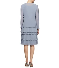 Ignite Evenings Petite Size Lace-Shoulder Chiffon 3/4 Sleeve Scoop Neck 2-Piece Jacket Dress