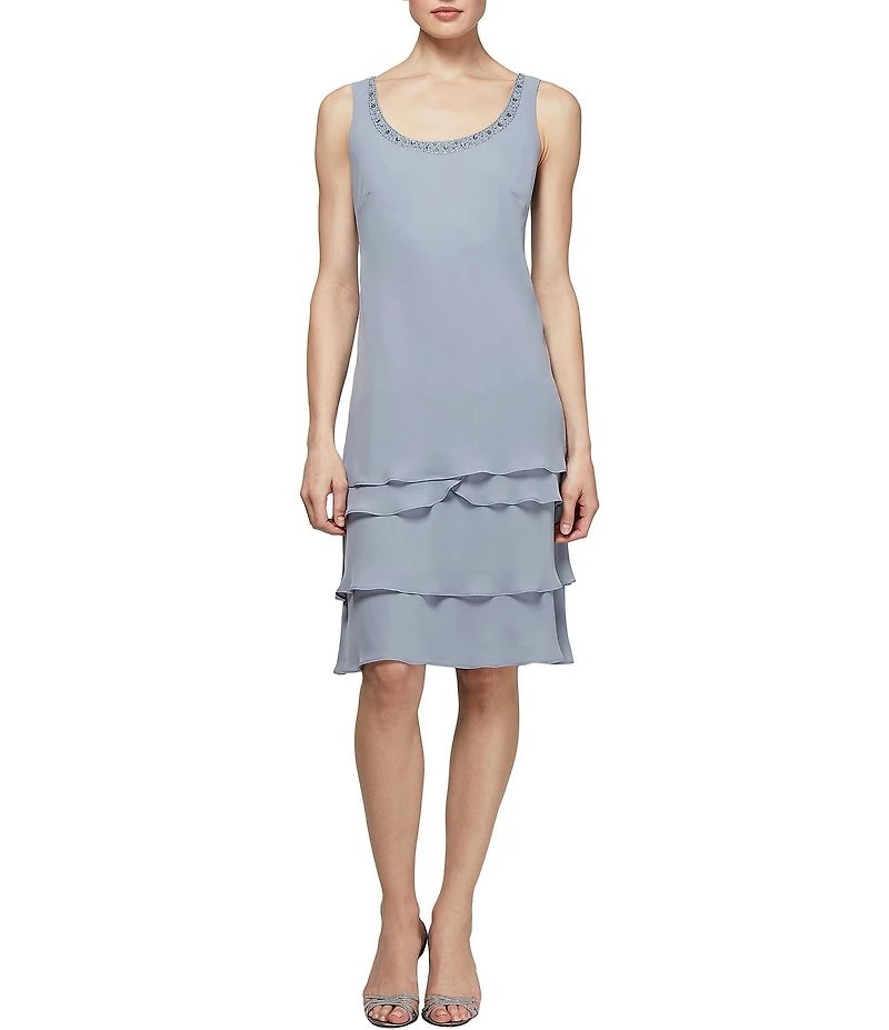 Ignite Evenings Petite Size Lace-Shoulder Chiffon 3/4 Sleeve Scoop Neck 2-Piece Jacket Dress