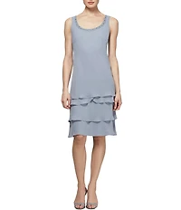 Ignite Evenings Petite Size Lace-Shoulder Chiffon 3/4 Sleeve Scoop Neck 2-Piece Jacket Dress