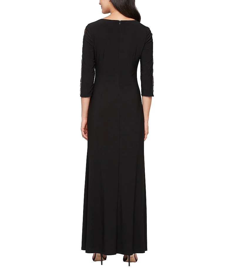 Ignite Evenings Petite Size Matte Jersey Embroidered 3/4 Sleeve Ruched Gown
