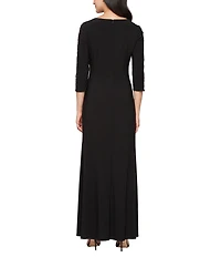 Ignite Evenings Petite Size Matte Jersey Embroidered 3/4 Sleeve Ruched Gown