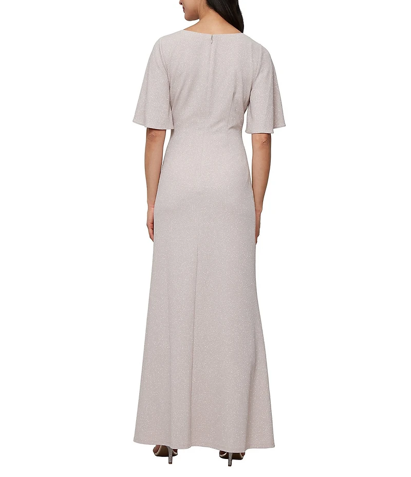 Ignite Evenings Petite Size Metallic Knit L-Neck Short Sleeve Gown