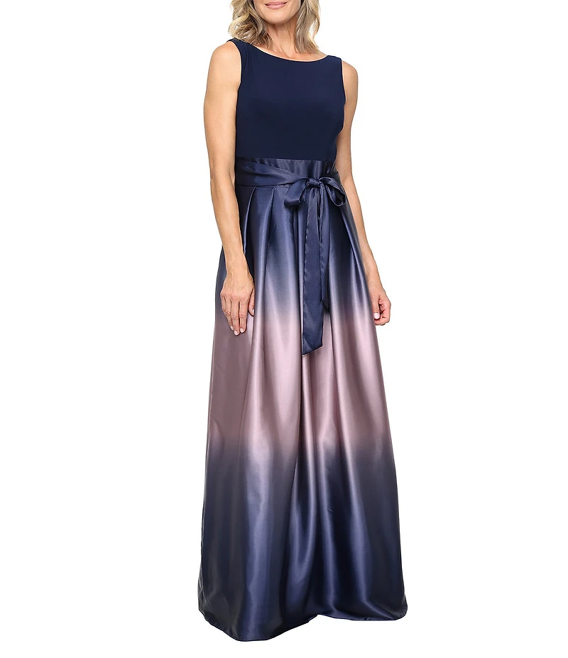 Ignite Evenings Petite Size Boat Neck Ombre Satin Bow Sleeveless Gown