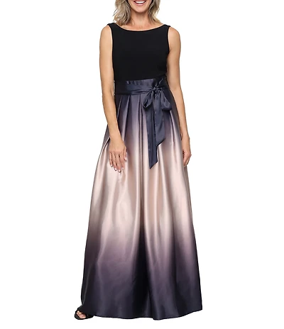 Ignite Evenings Petite Size Boat Neck Ombre Satin Bow Sleeveless Gown