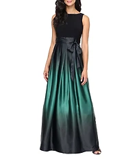 Ignite Evenings Petite Size Boat Neck Ombre Satin Bow Sleeveless Gown