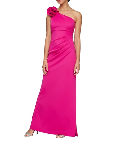 Ignite Evenings Petite Size One Shoulder Flower Detail Ruched Waist Long Sheath Dress