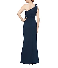 Ignite Evenings Petite Size One Shoulder Flower Detail Ruched Waist Long Sheath Dress