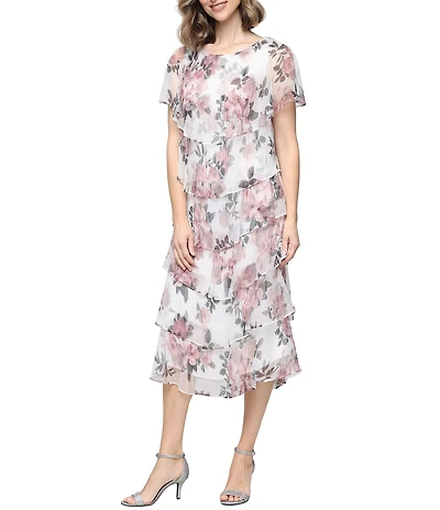 Ignite Evenings Petite Size Printed Bodre Scoop Neck Short Flutter Sleeve Tiered Sheath Midi Dress