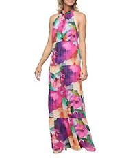 Ignite Evenings Petite Size Printed Chiffon Floral Print Sleeveless Halter Neck Sheath Dress